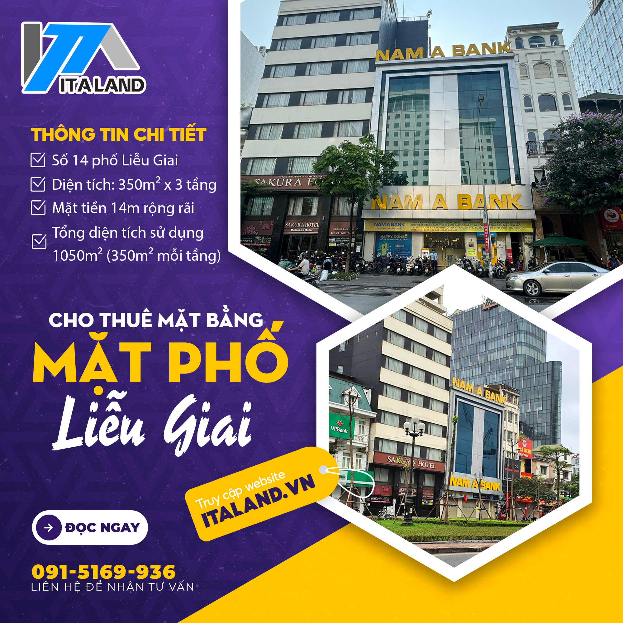 Cho thuê mặt bằng tại 14 mặt phố Liễu Giai, mặt tiền 14m, diện tích 350m² x 3 tầng