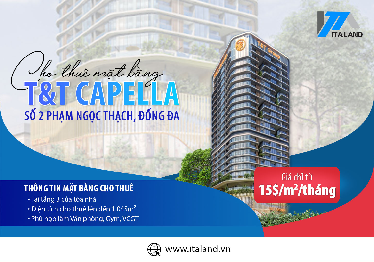 Cho thuê mặt bằng T&T Phạm Ngọc Thạch tầng 3 – Diện tích 1.045m², vị trí trung tâm, giá thuê cạnh tranh