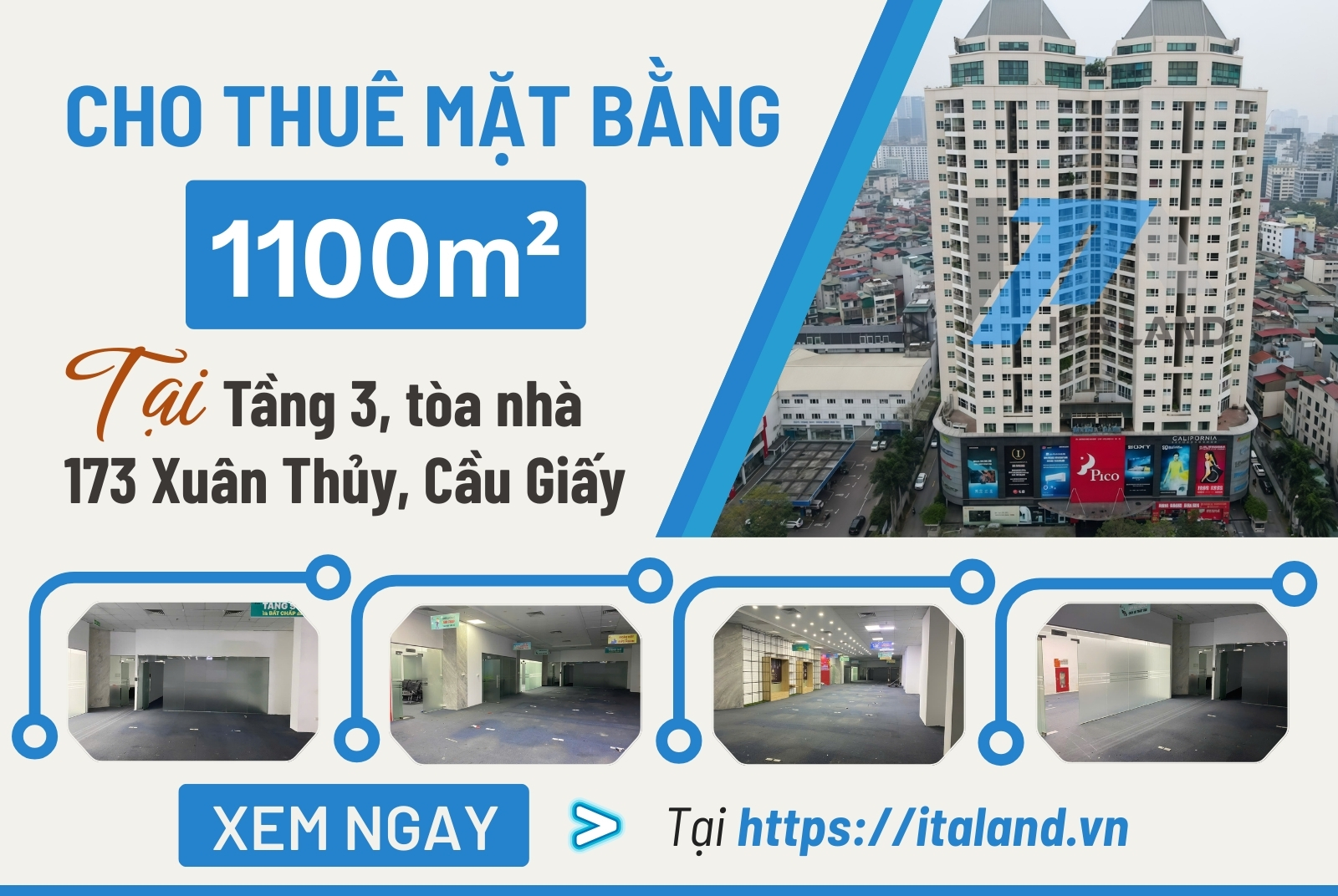 Cho thuê mặt bằng 1100m² tại Tầng 3, tòa nhà 173 Xuân Thủy, Cầu Giấy