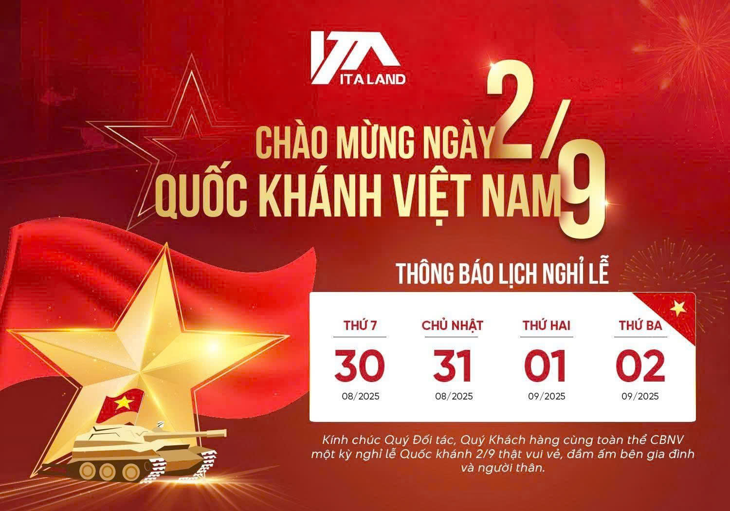 THÔNG BÁO NGHỈ LỄ QUỐC KHÁNH MÙNG 2/9
