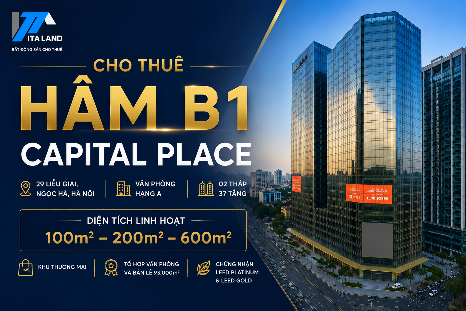 Cho thuê mặt bằng thương mại Hầm B1 Capital Place – Diện tích 100m², 200m², 600m²