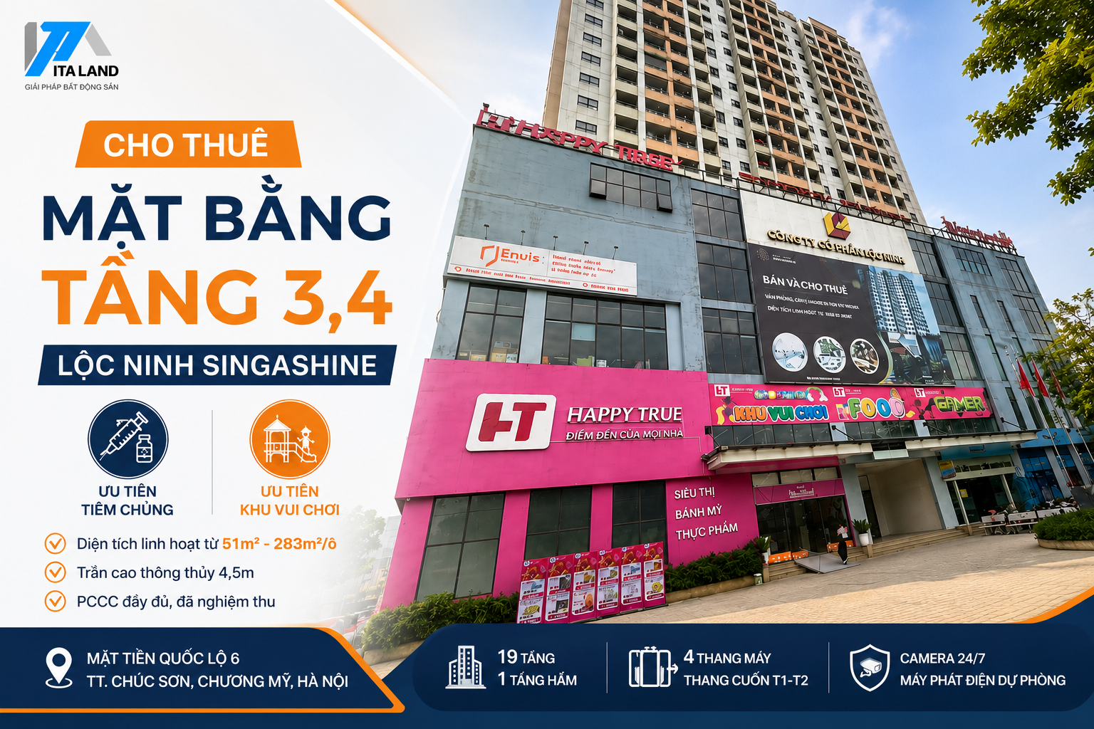 CHO THUÊ MẶT BẰNG TẦNG 3, 4 LỘC NINH SINGASHINE CHƯƠNG MỸ