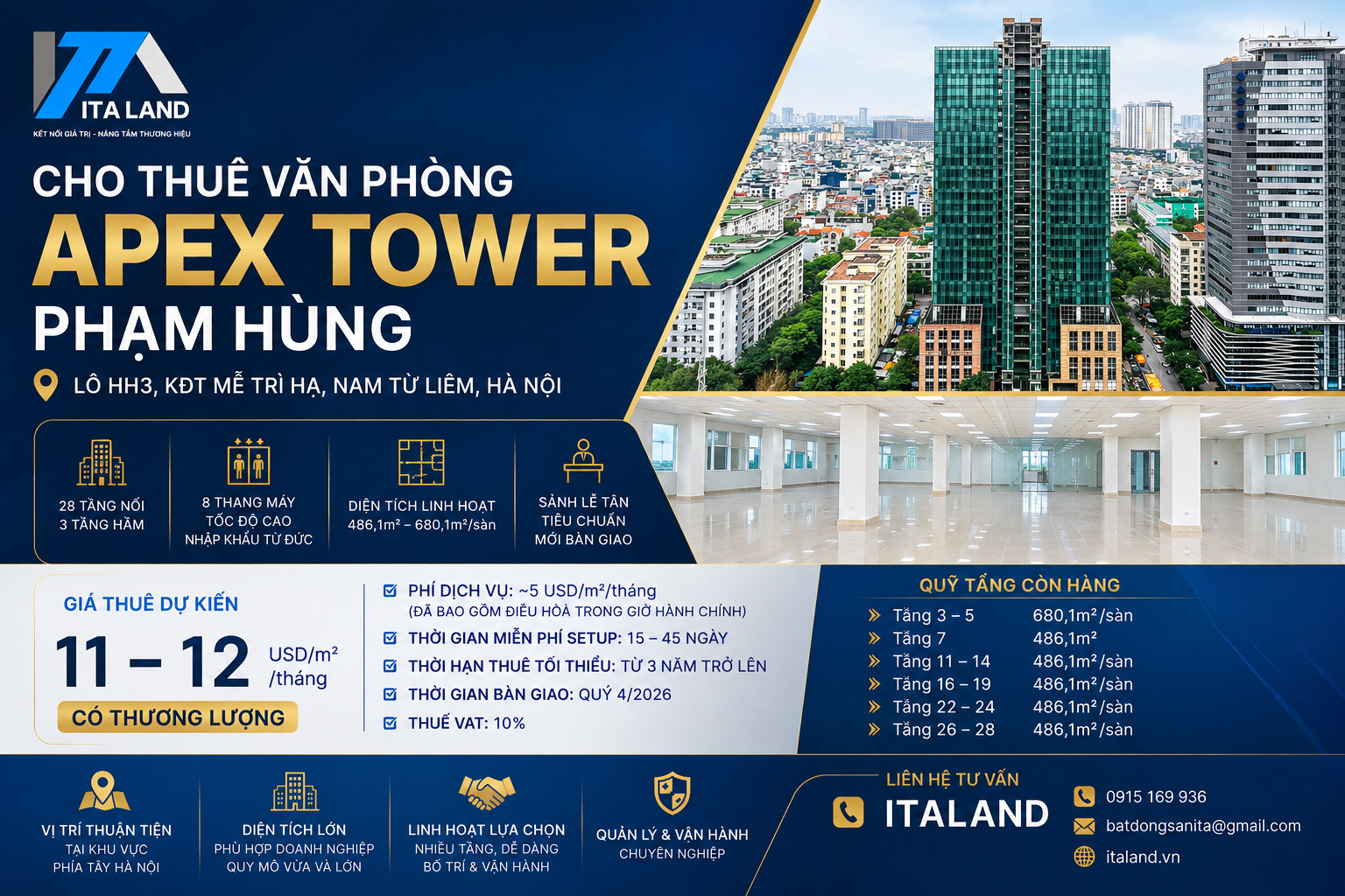 CHO THUÊ VĂN PHÒNG APEX TOWER PHẠM HÙNG – DIỆN TÍCH 486 – 680M²