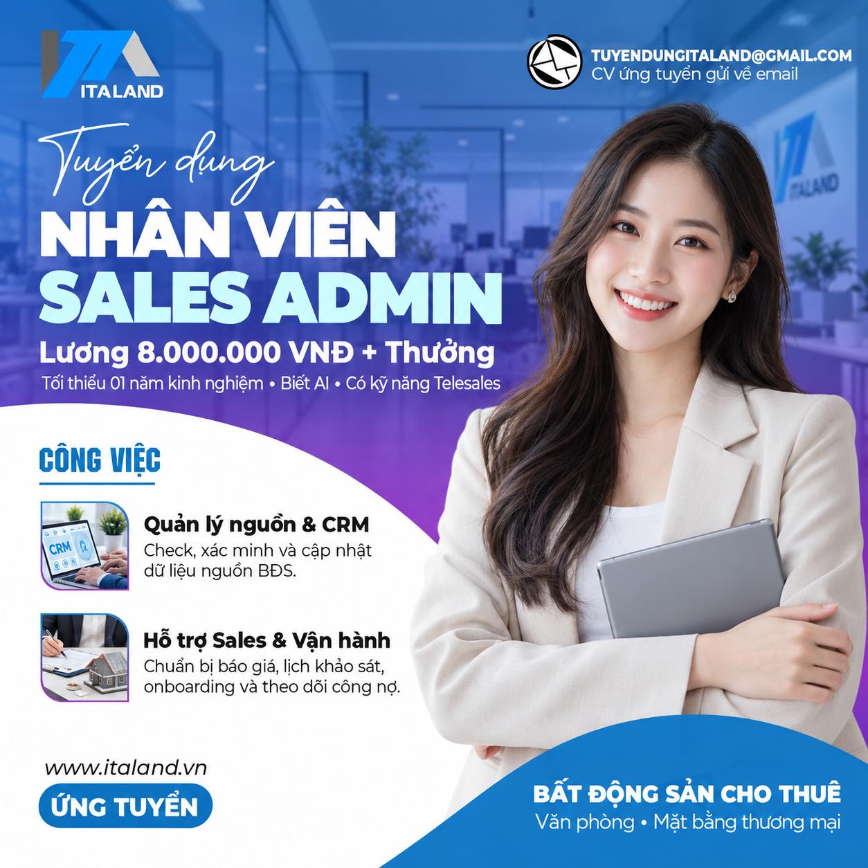 TUYỂN DỤNG NHÂN VIÊN SALES ADMIN TẠI ITALAND
