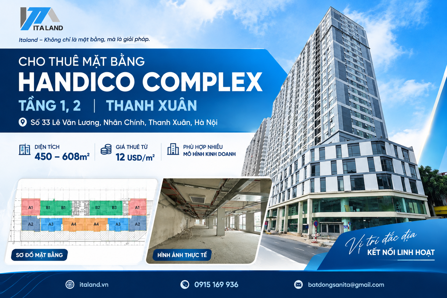 CHO THUÊ MẶT BẰNG TẦNG 1, 2 HANDICO COMPLEX THANH XUÂN
