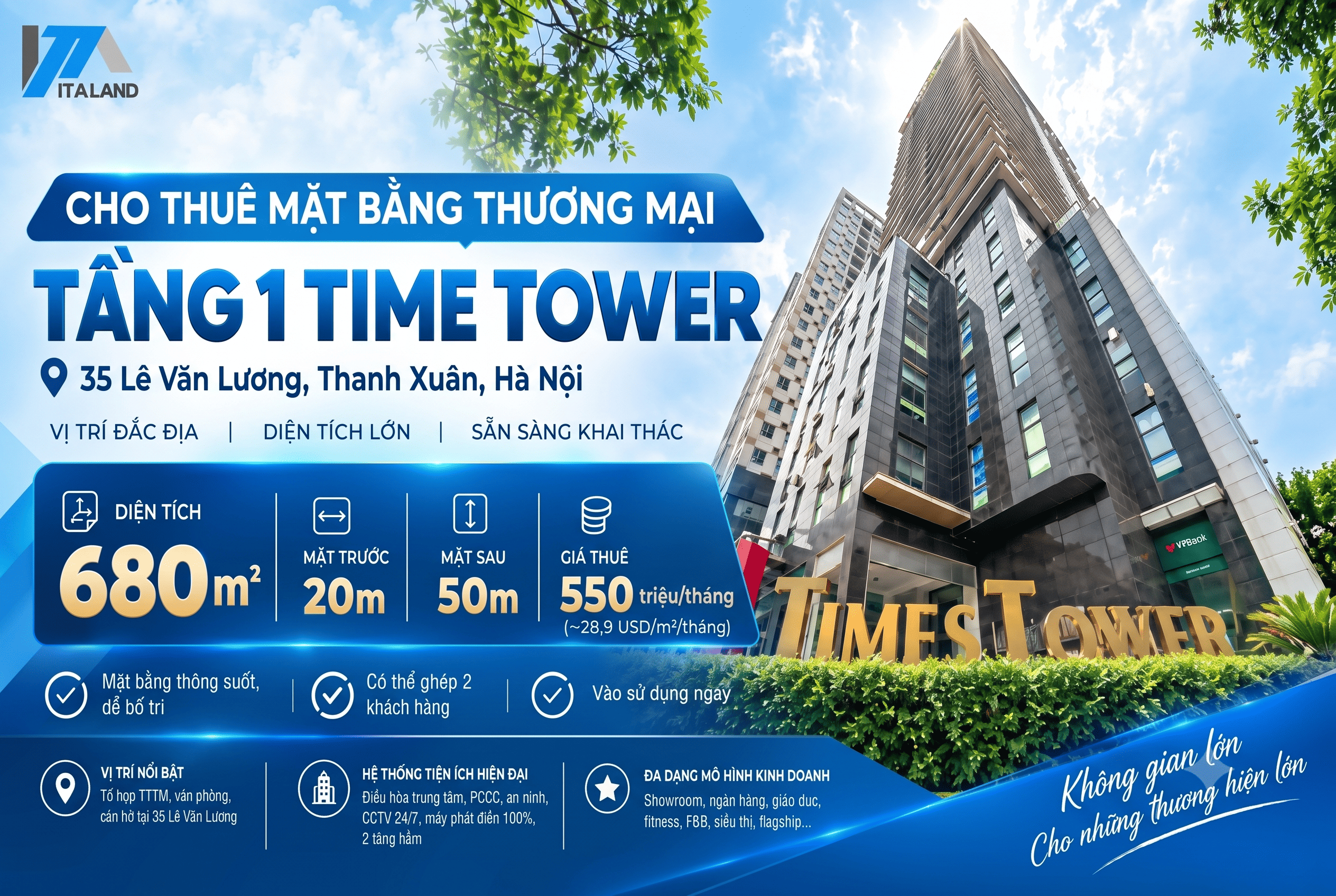 CHO THUÊ MẶT BẰNG TẦNG 1 TIME TOWER 35 LÊ VĂN LƯƠNG – DIỆN TÍCH 680M²