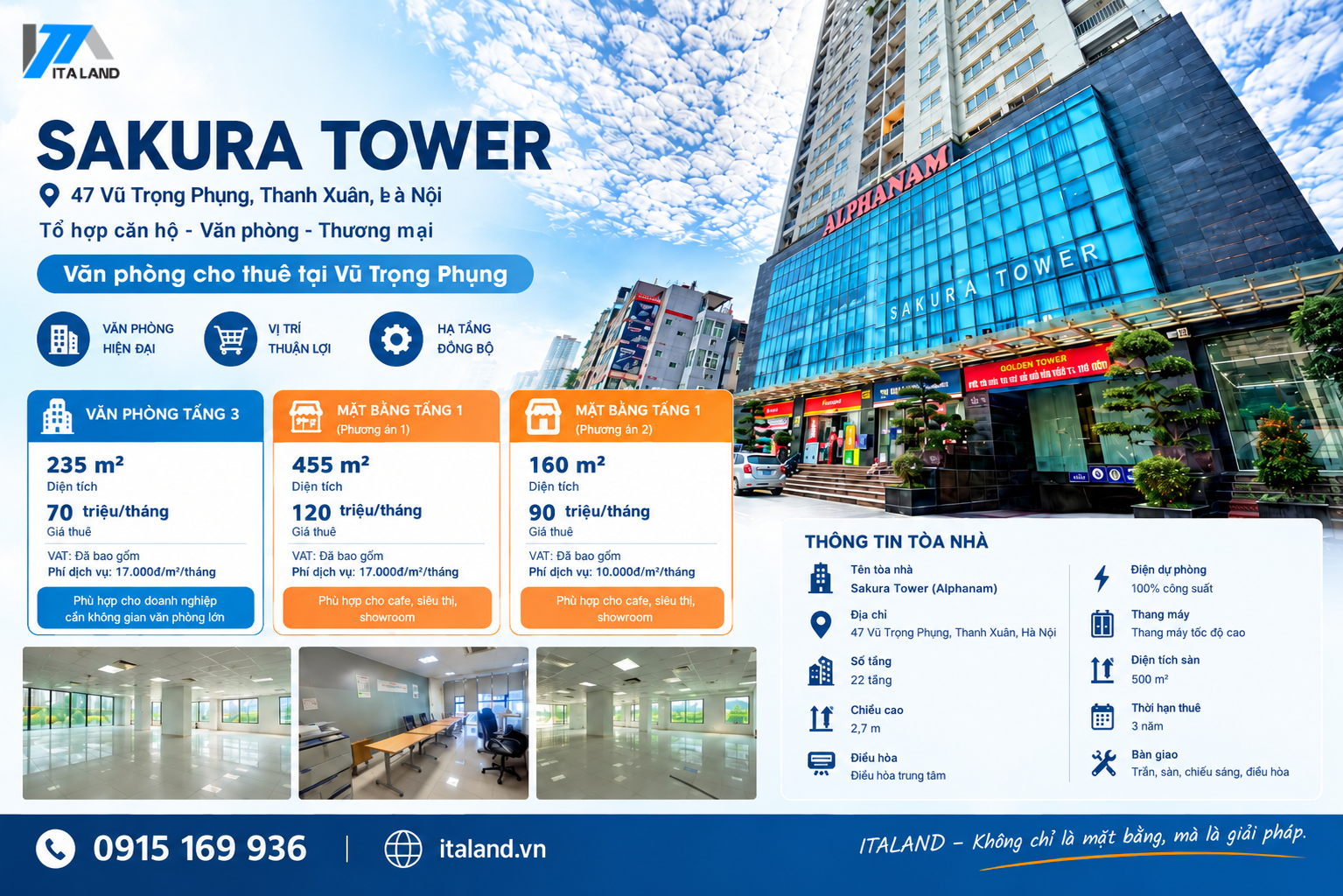 Văn phòng cho thuê Sakura Tower 235m² tại 47 Vũ Trọng Phụng