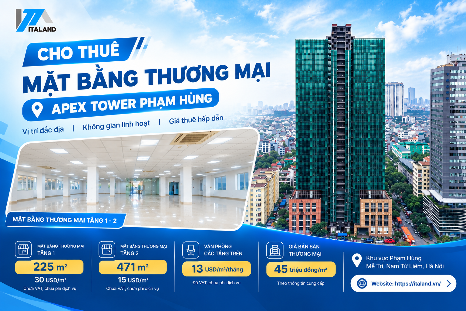 Cho thuê mặt bằng thương mại tại Apex Tower Phạm Hùng