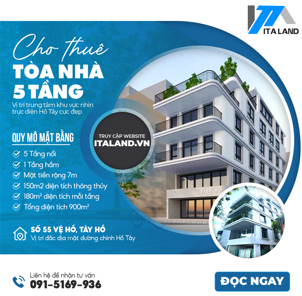 Cho thuê mặt bằng 5 tầng view Hồ Tây tuyệt đẹp tại số 55 Vệ Hồ