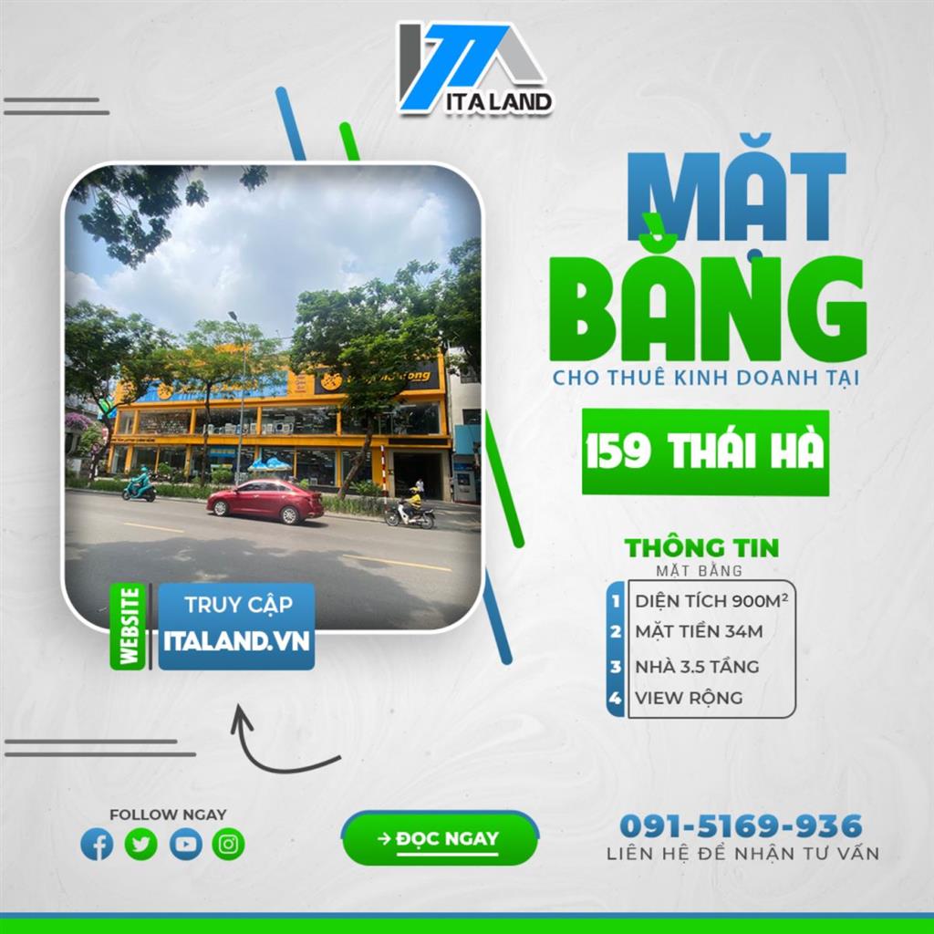 Cho thuê mặt bằng kinh doanh 159 Thái Hà - Diện tích 950m² x 3.5 tầng, mặt tiền 34m